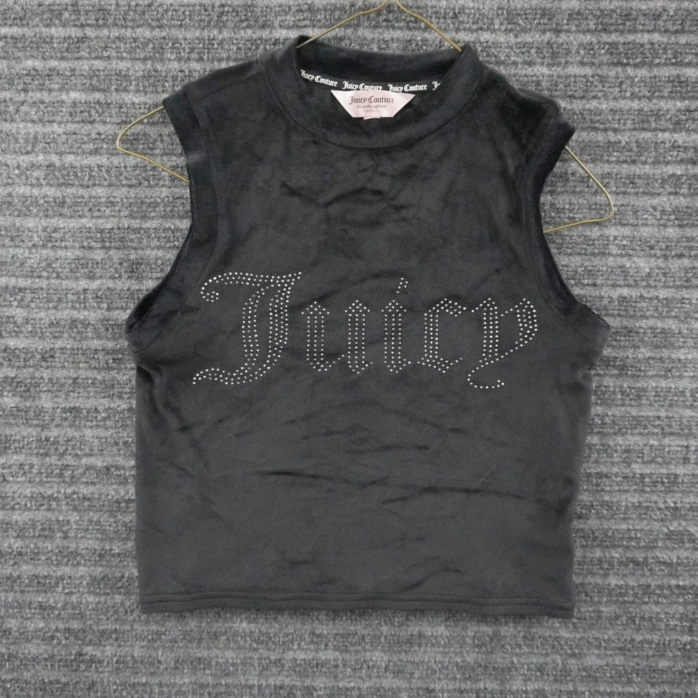 Juicy Couture Tank Top Womens S Black Rhinestone Velour Mock Neck Sleeveless